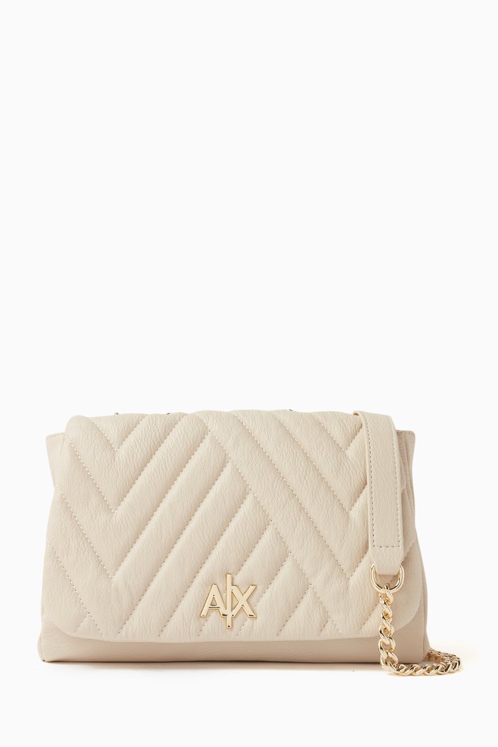 Medium Margareth Logo Crossbody Bag in Faux Leather, Neutral