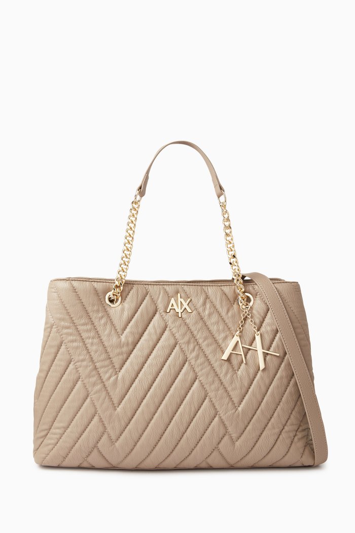 

Logo Charm Tote Bag in Quilted Nylon, Neutral