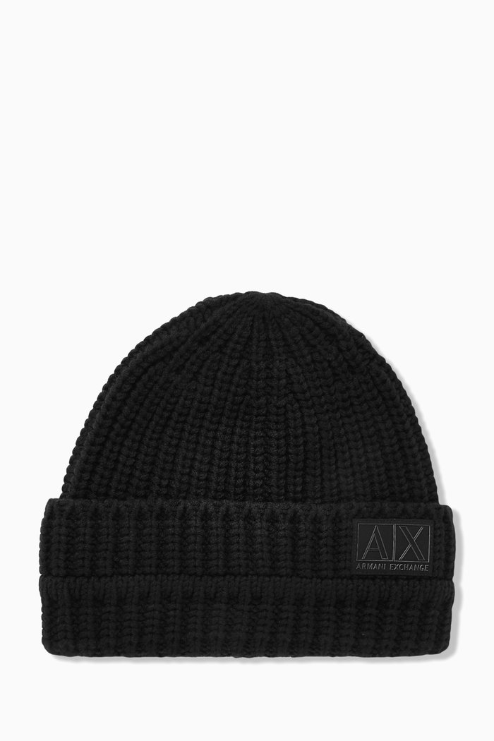 

Logo Beanie in Wool Blend Rib-knit, Black
