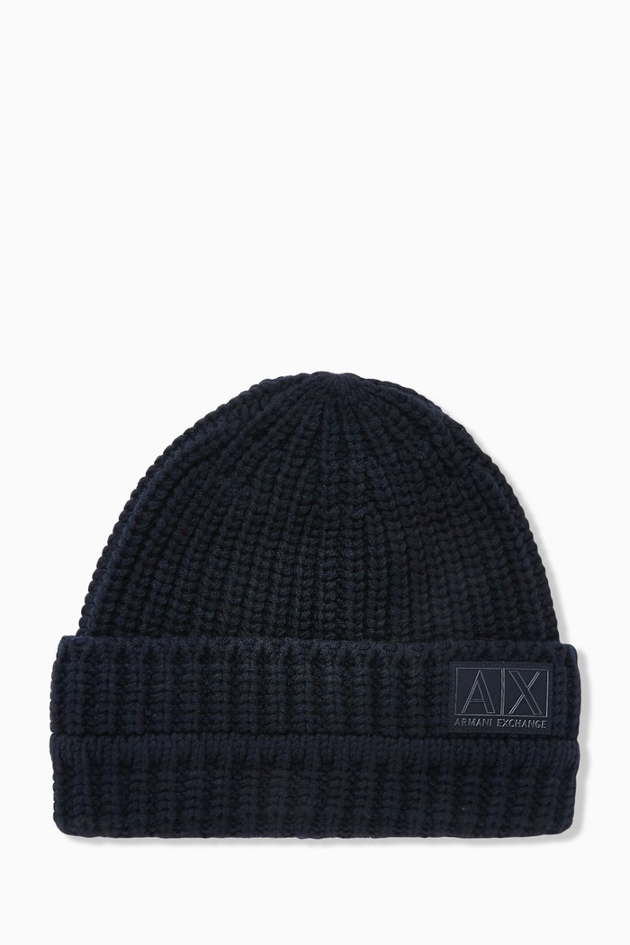 

Logo Beanie in Wool Blend Rib-knit, Blue