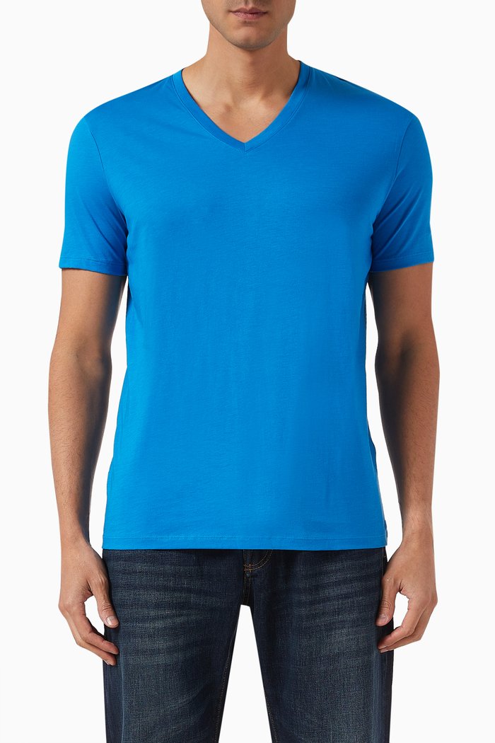 

V-neck Slim T-shirt in Pima Cotton-jersey, Blue