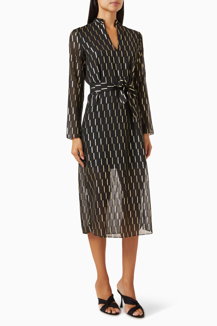 

Lurex Belted Midi Dress in Crepe, Black