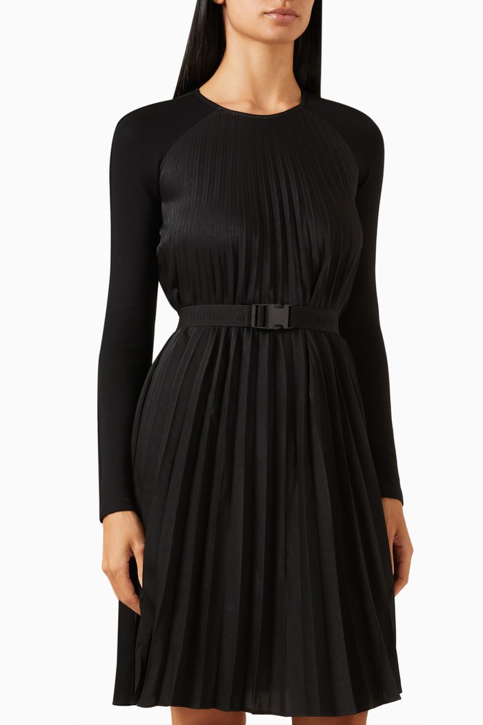 Belted Mini Dress in Plissé-satin, Black