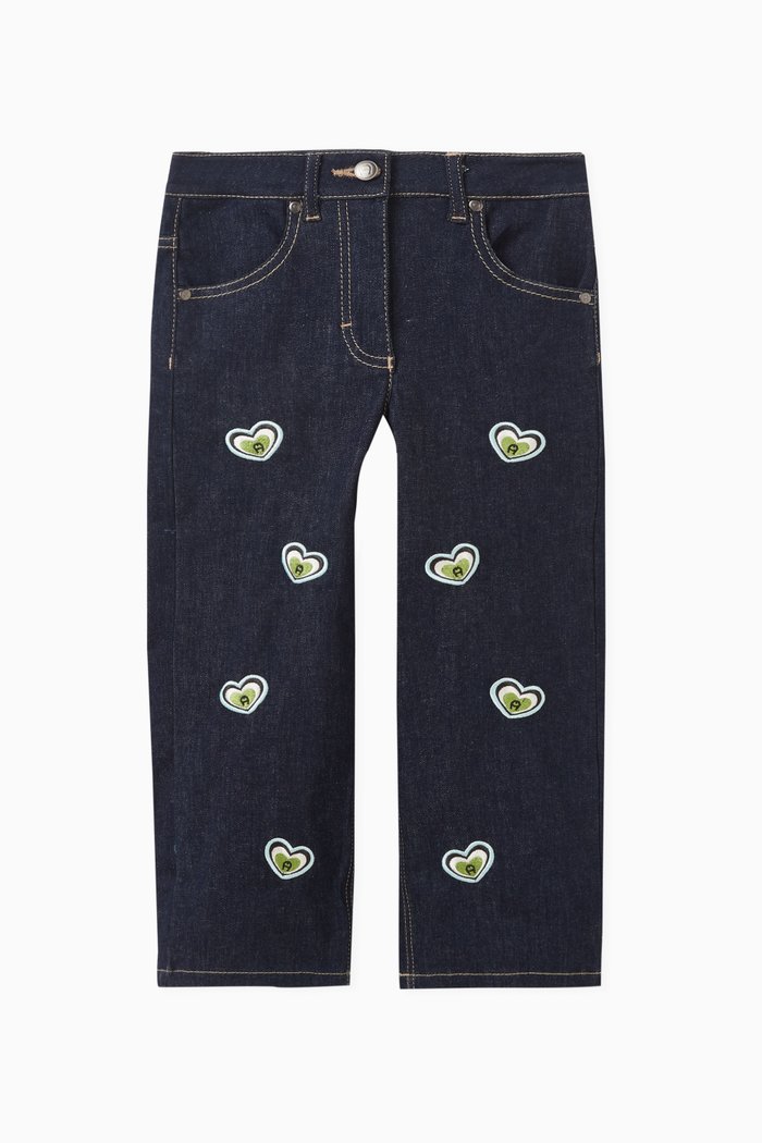 Heart-embroidered Jeans in Cotton, Blue