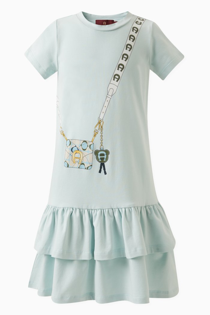 

Ruffled Bag-print Dress in Cotton, Blue