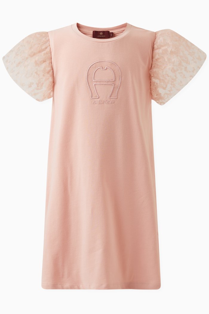 

Tulle-sleeve Dress in Cotton, Pink