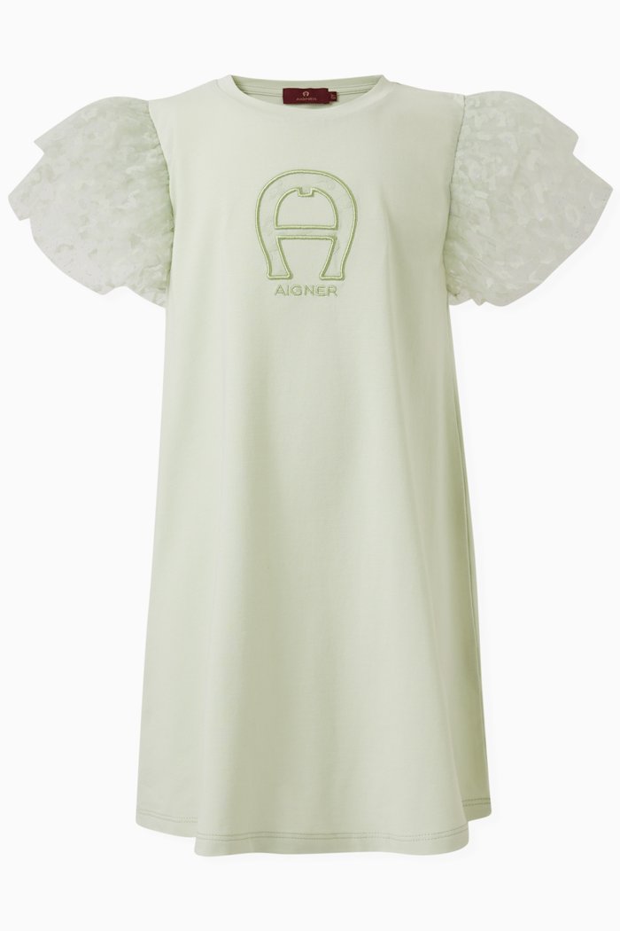 

Tulle-sleeve Dress in Cotton, Blue