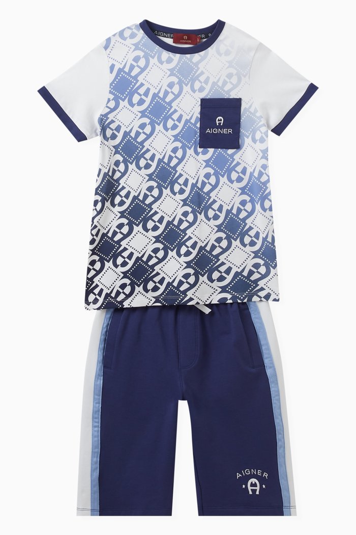 Two-tone Logo T-shirt & Shorts Set in Cotton, Blue