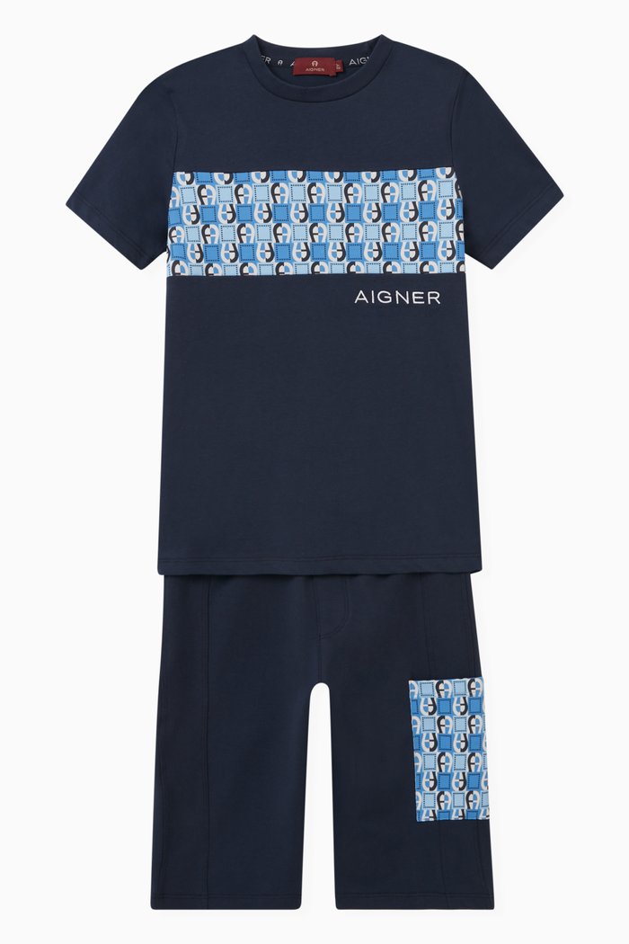 

Logo Panel T-shirt & Shorts Set in Cotton, Blue