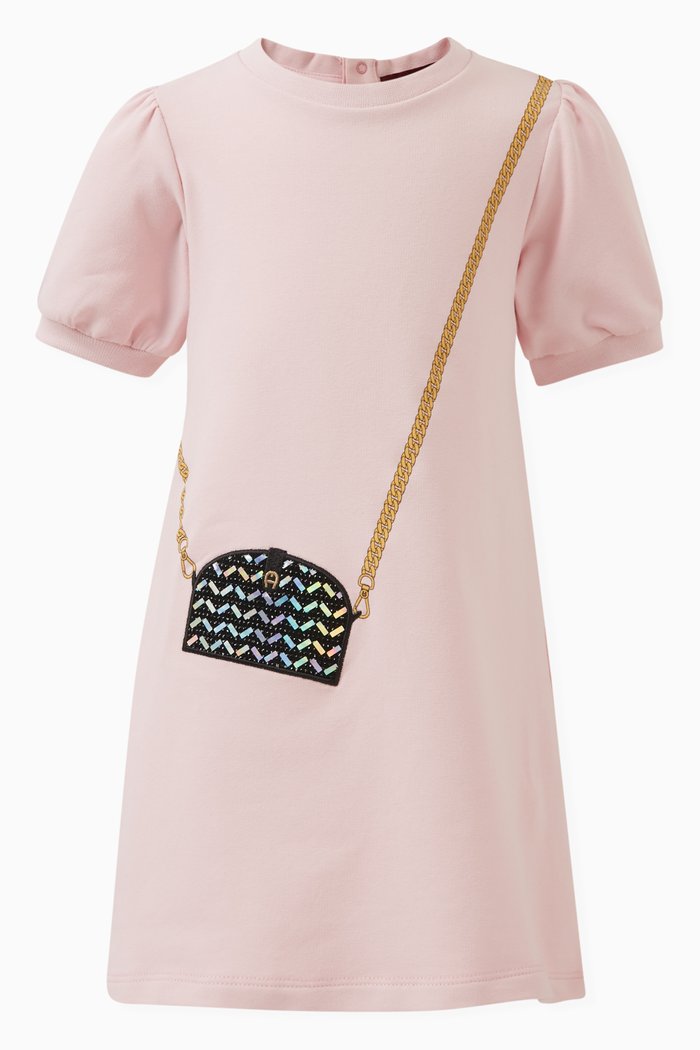 

Bag Motif Short Sleeved Dress in Cotton Stretch, Pink