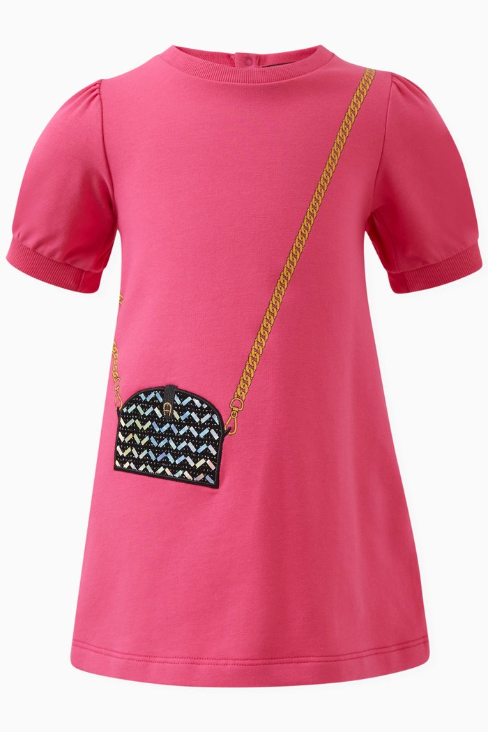 

Bag Motif Short Sleeved Dress in Cotton Stretch, Pink