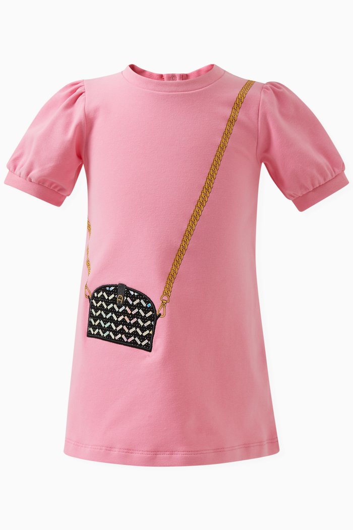 

Bag Motif Short Sleeved Dress in Cotton Stretch, Pink