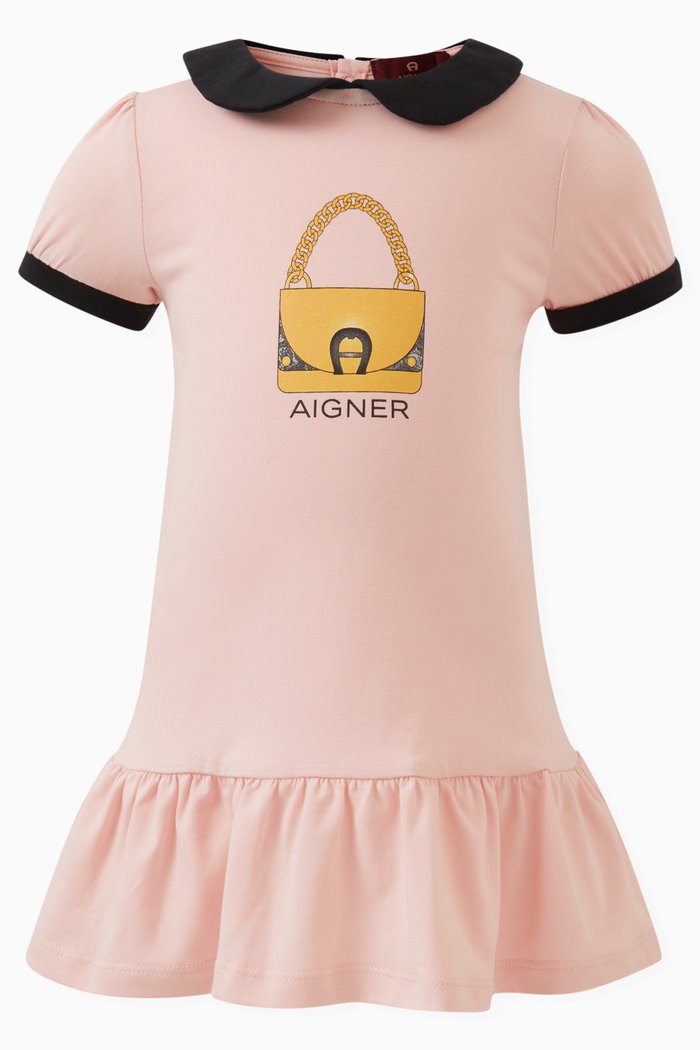 

Graphic Logo Print Dress in Cotton Stretch, Pink