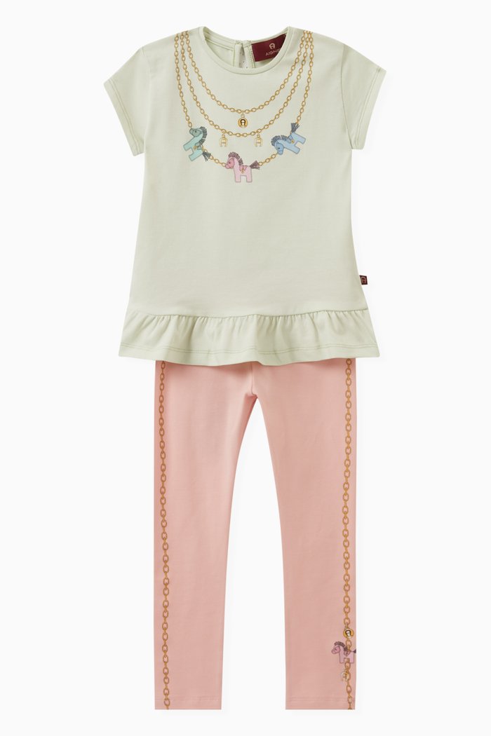 

Bird-print T-shirt & Leggings Set in Cotton, Blue