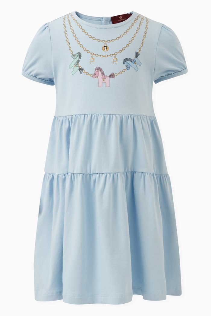 

Graphic Print Tiered Dress in Cotton, Blue