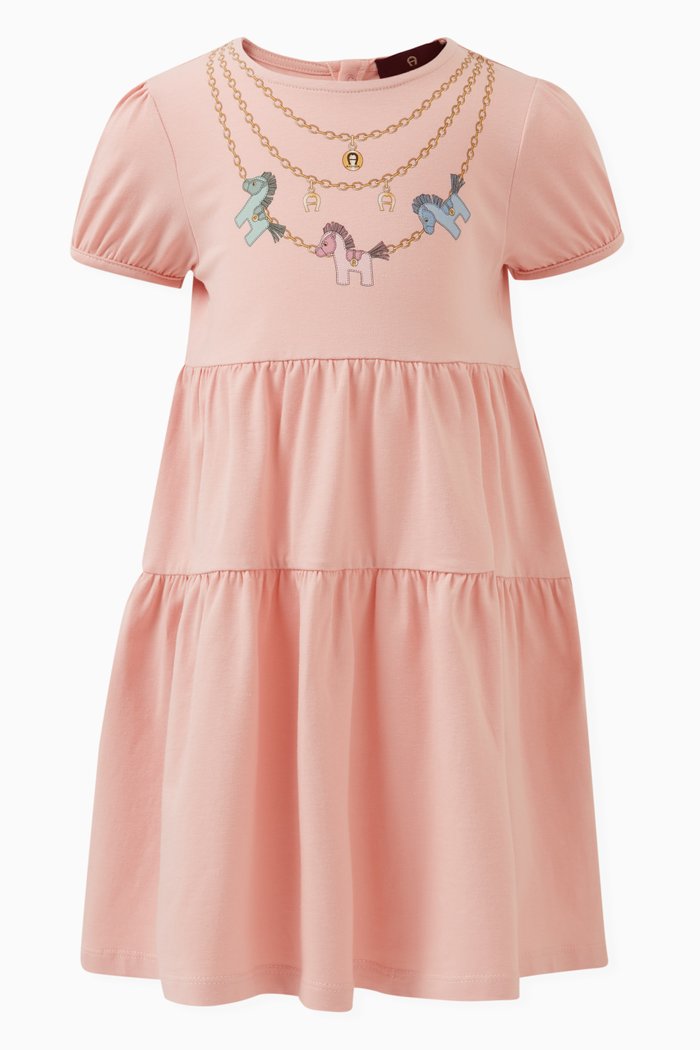 Graphic Print Tiered Dress in Cotton, Pink