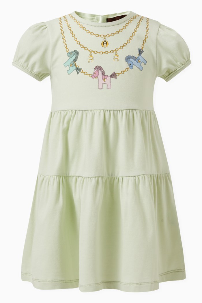 

Graphic Print Tiered Dress in Cotton, Blue