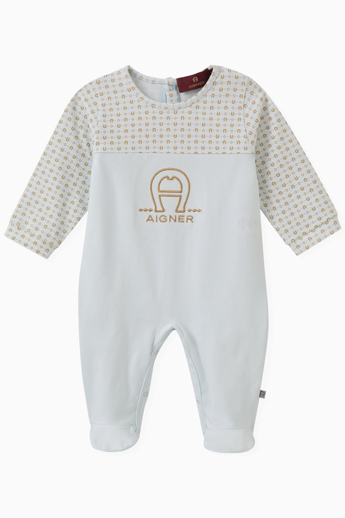 Monogram Sleepsuit in Stretch Cotton, Blue