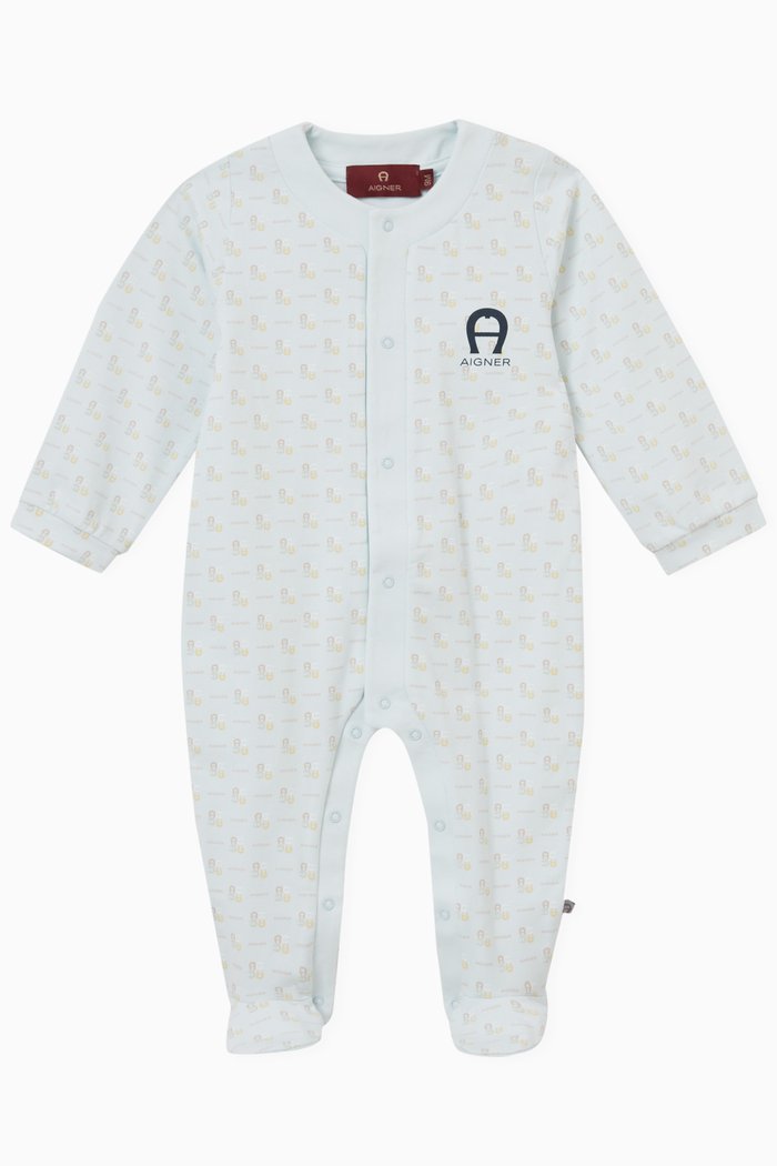 Logo-print Sleepsuit in Cotton, Blue