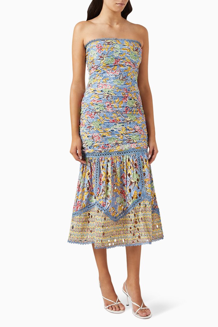 

Preet Strapless Midi Dress in Cotton, Blue