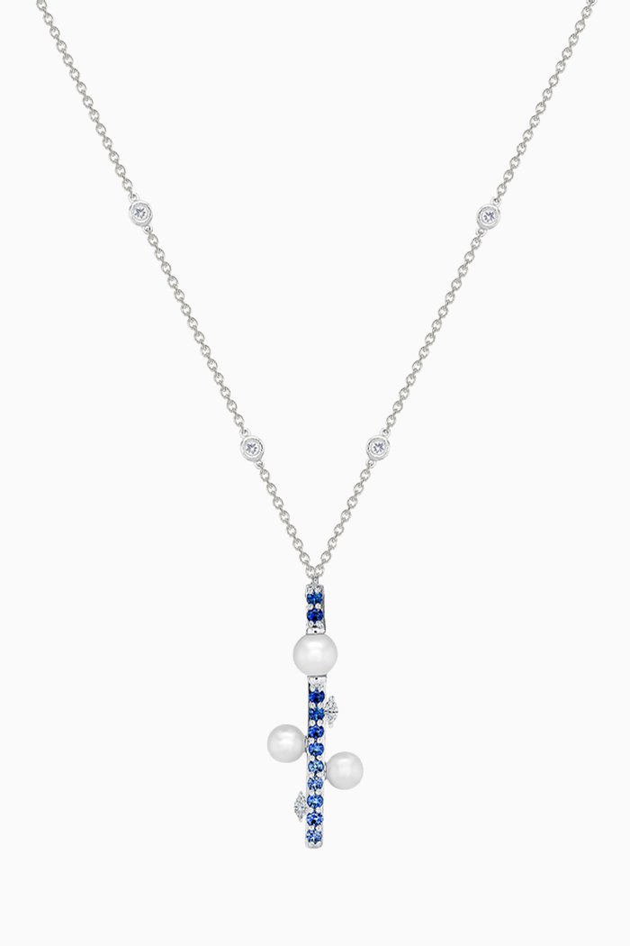 Symphony Pearl, Sapphires & Diamond Necklace in 18kt White Gold