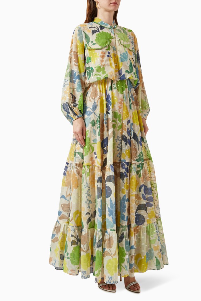 

Irene Floral-print Pleated Maxi Dress, Green