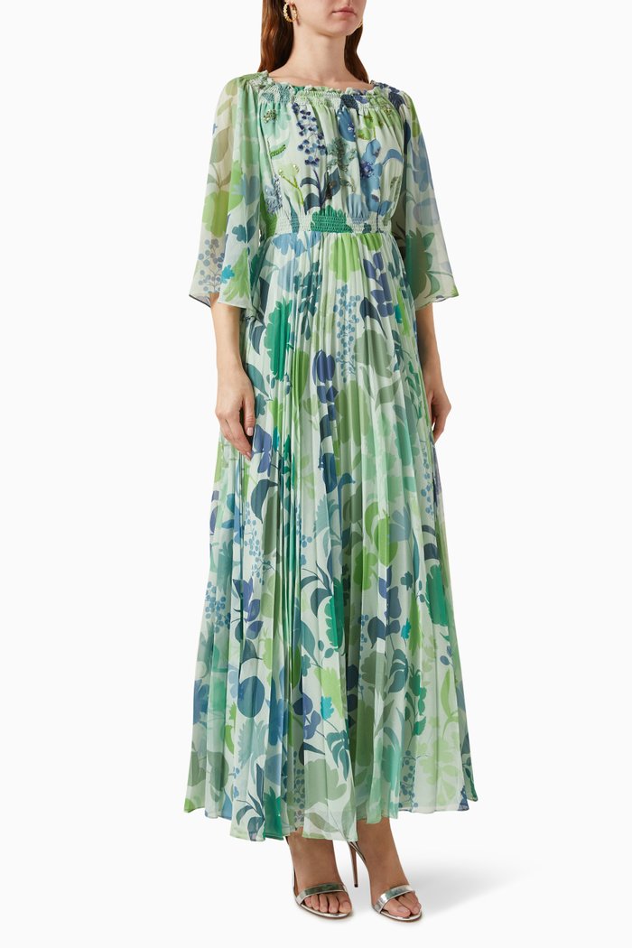 

Irene Floral-print Embellished Maxi Dress in Chiffon, Green
