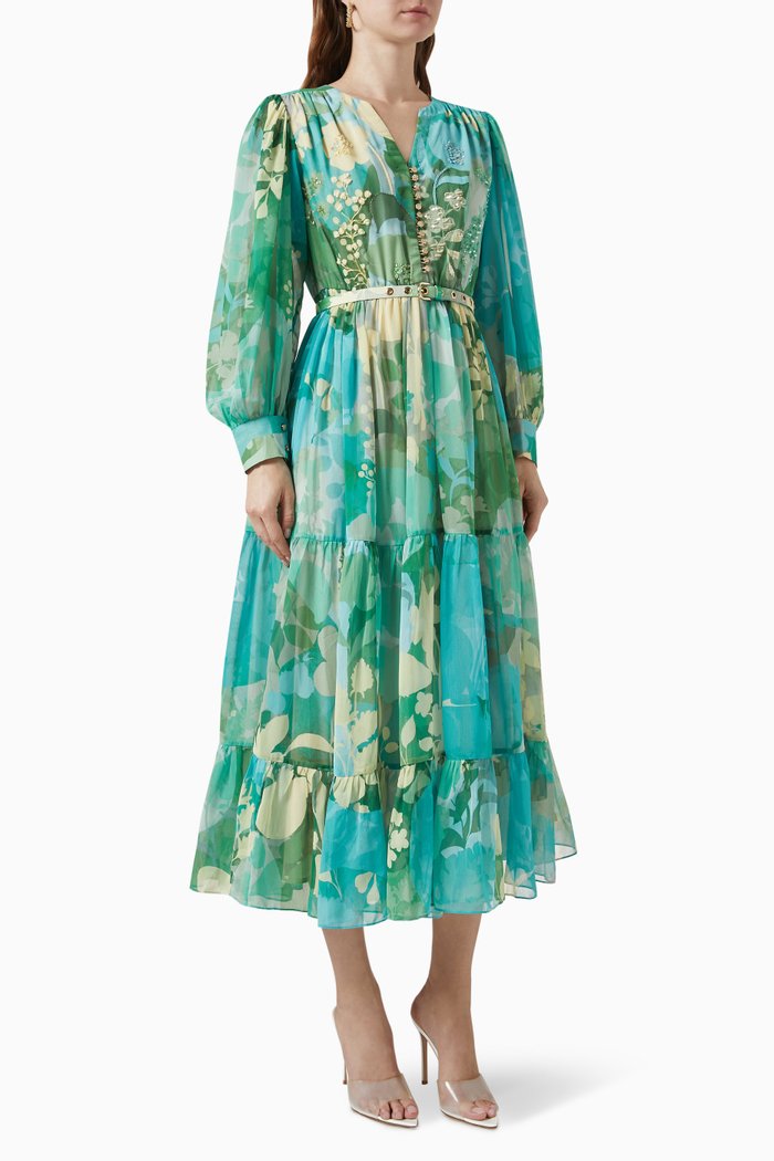 Elora Floral-print Embellished Midi Dress, Green