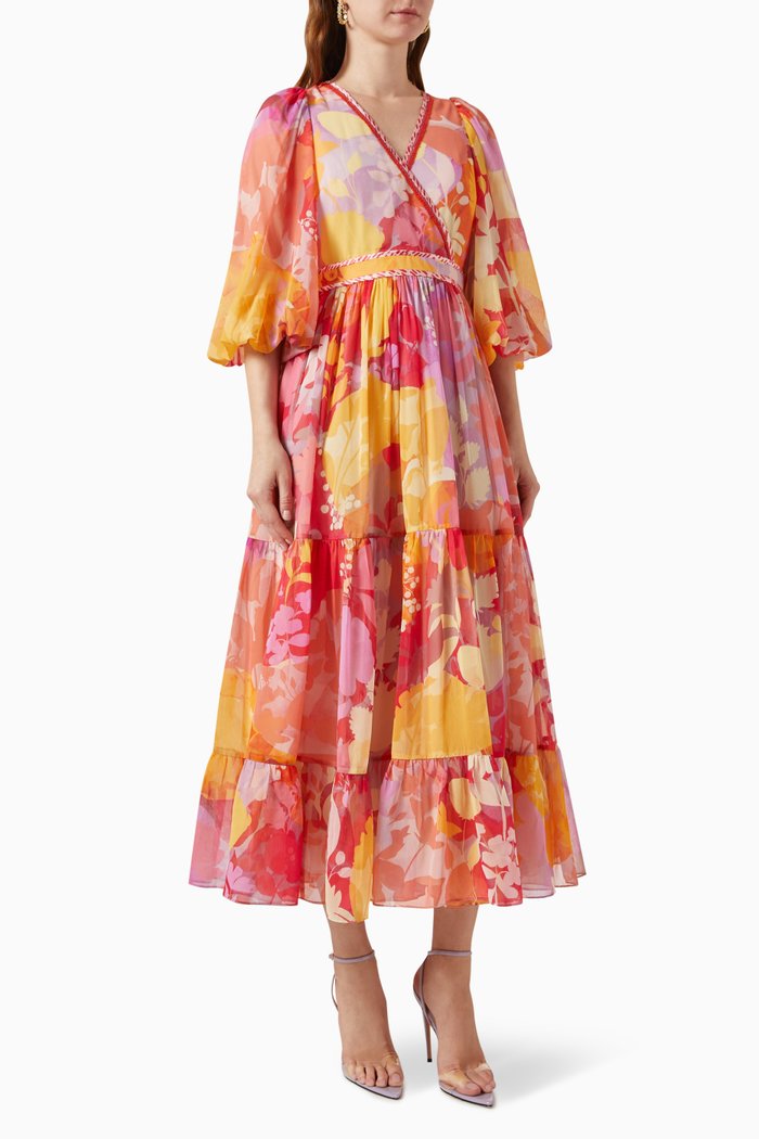

Elora Floral-print Embroidered Midi Dress, Pink