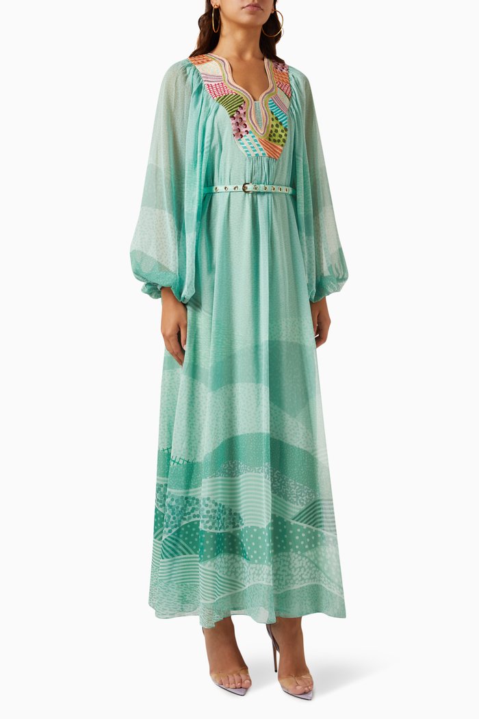Wren Embroidered Maxi Dress in Chiffon, Green