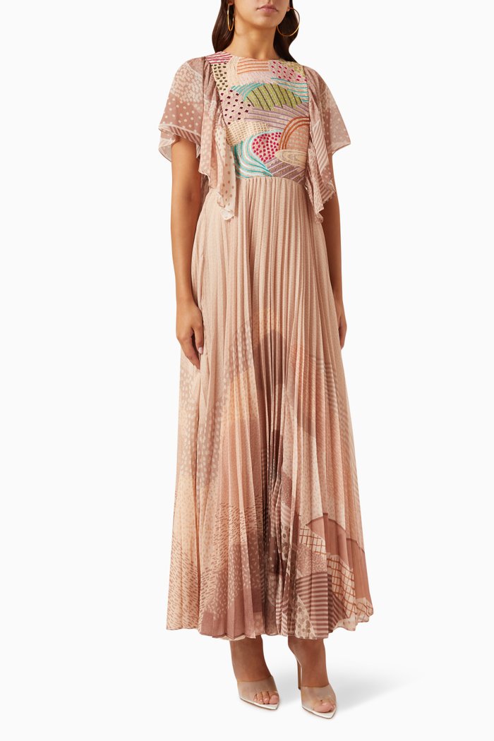 

Wren Pleated Maxi Dress in Chiffon, Neutral