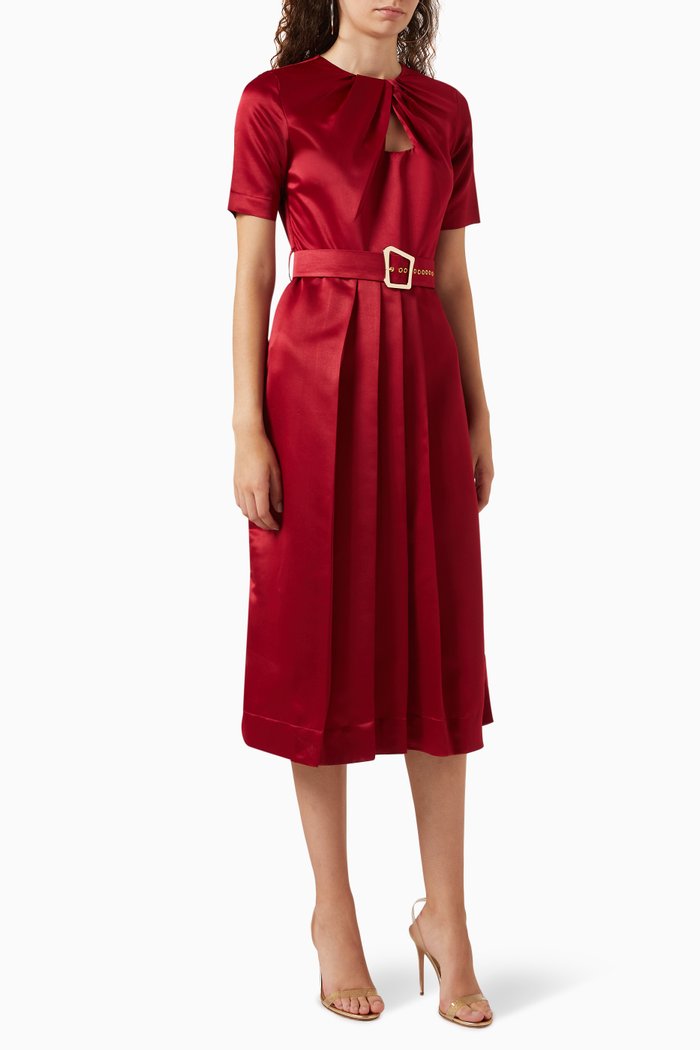 Tina Belted Dress in Satin, Red