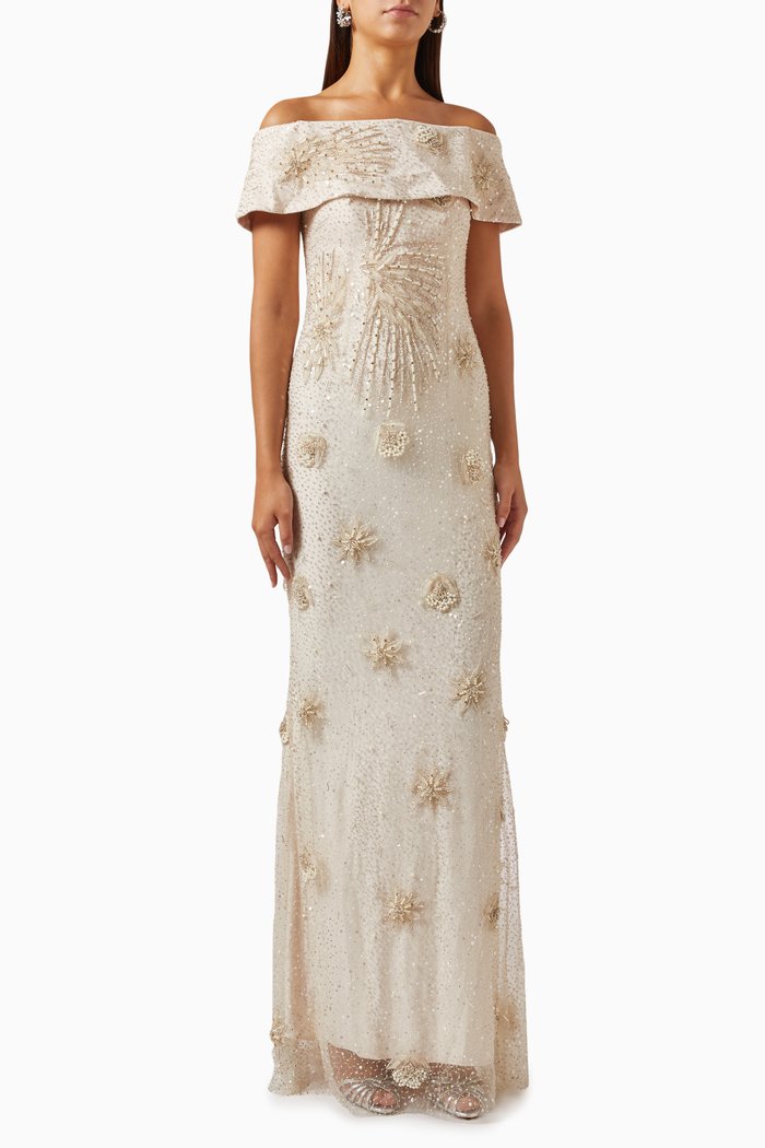 Off-shoulder Dress in Embellished-tulle, Gold