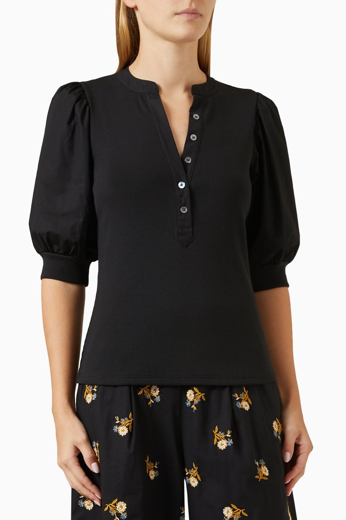 

Coralee Puff Sleeve Top in Cotton, Black