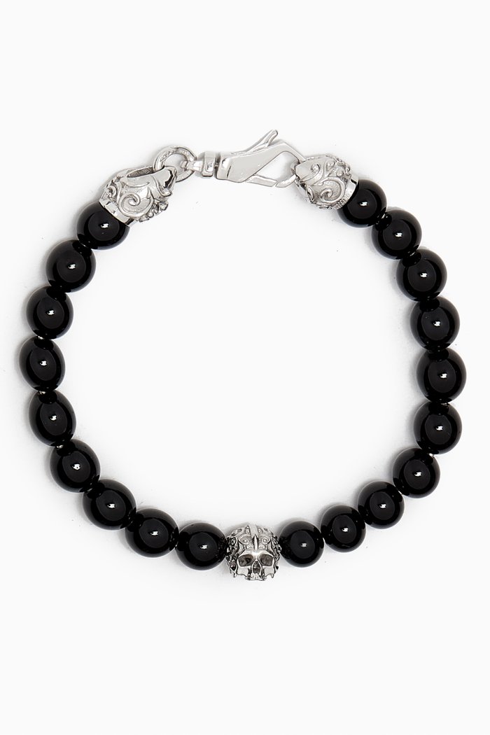 

Skull-detail Beads Bracelet in Silver & Pearl, Black