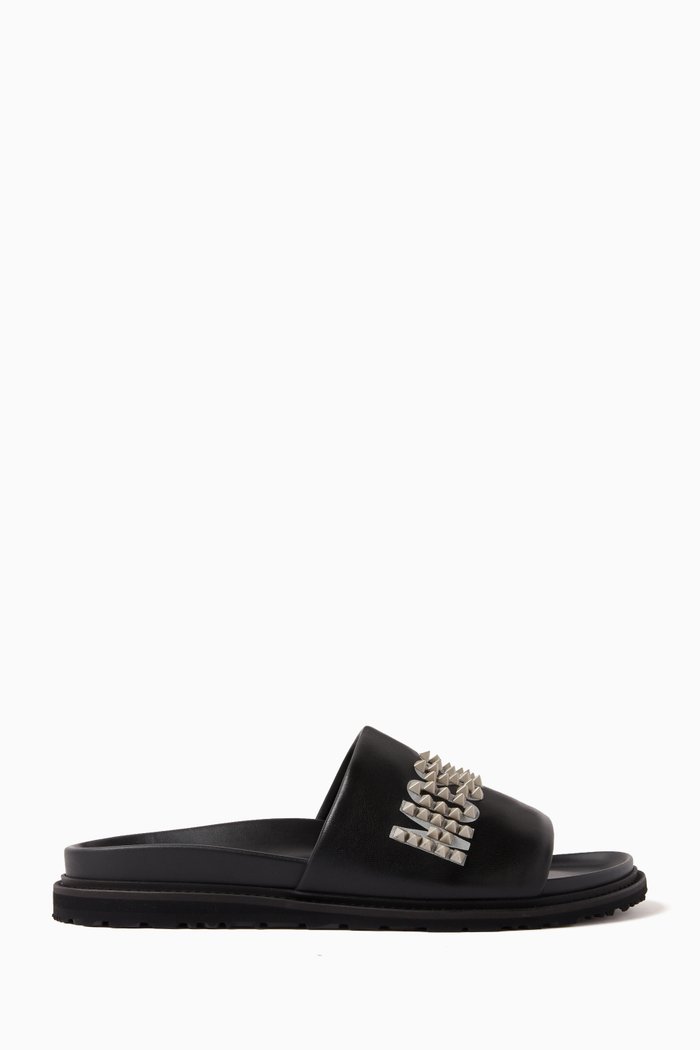 

Studded Logo Pool Slides in Nappa, Black