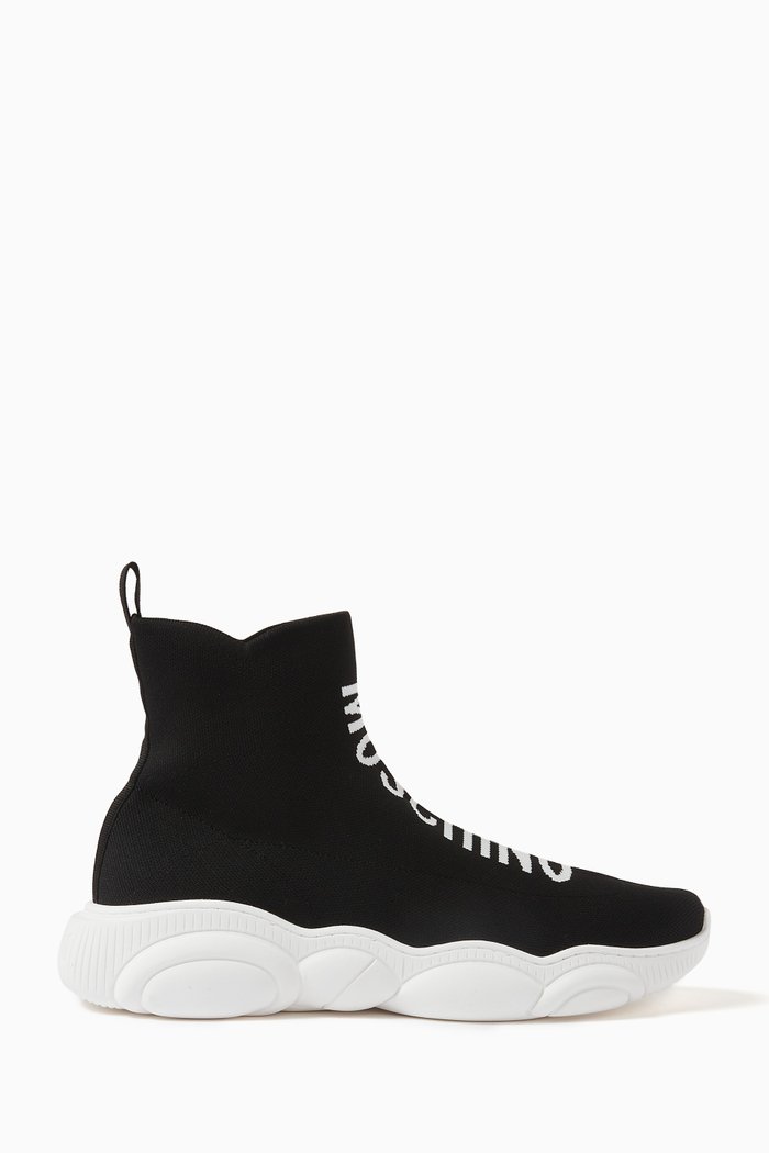 Logo High-top Sneakers in Technical Knit, Black