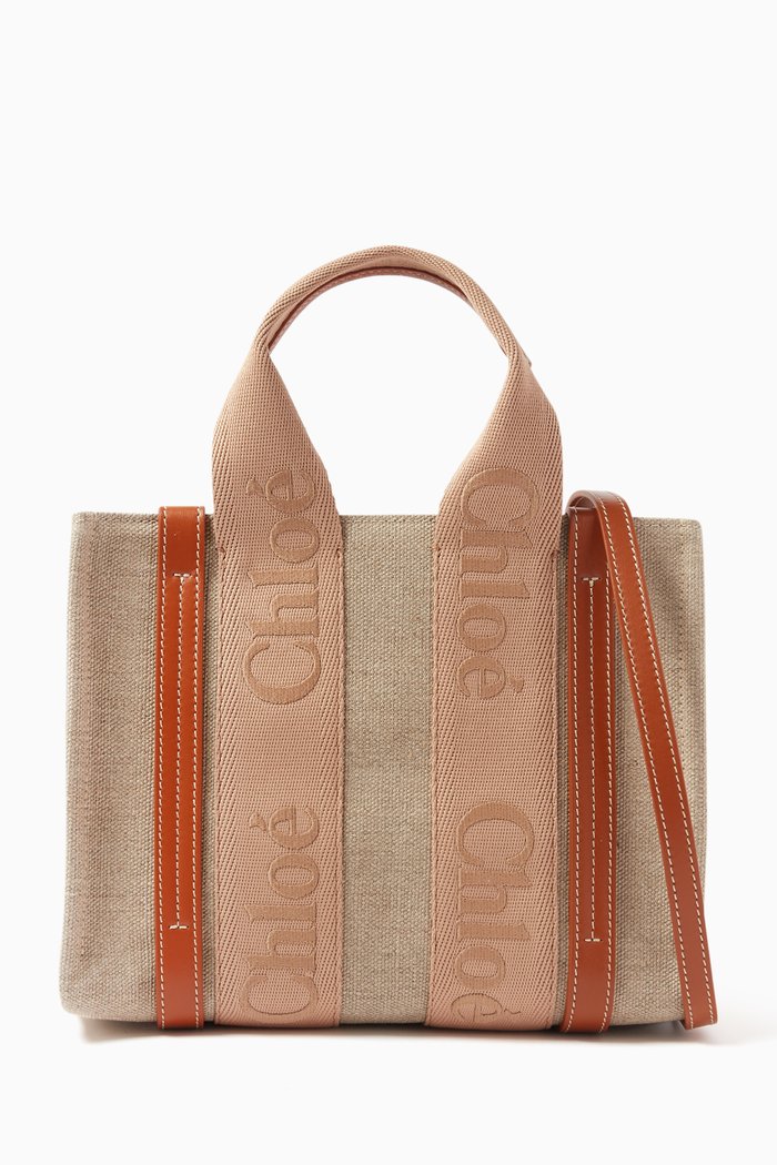 

Small Woody Embroidered Tote Bag in Linen Canvas, Neutral