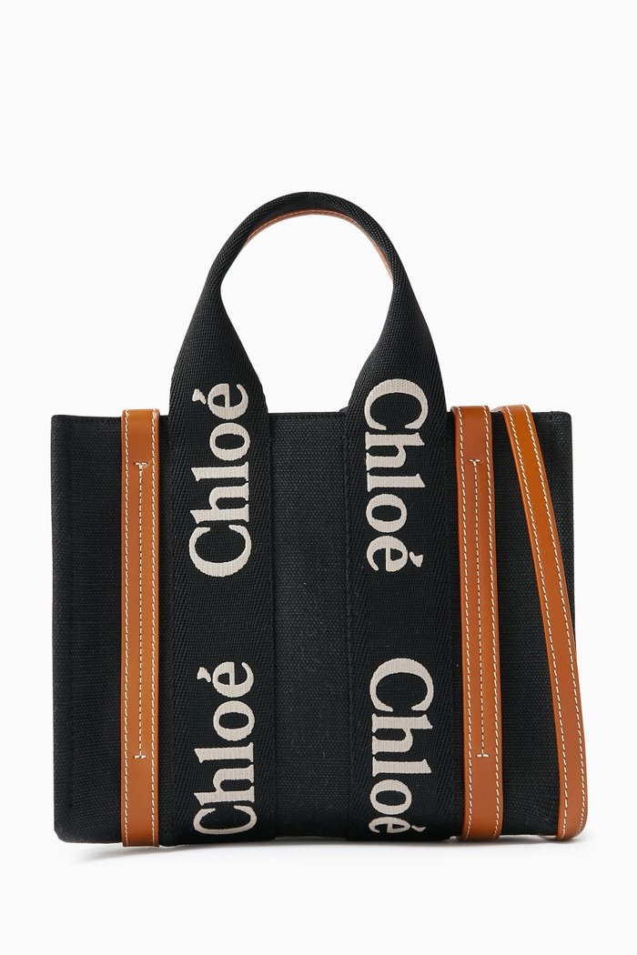 

Small Woody Embroidered Tote Bag in Linen Canvas, Black