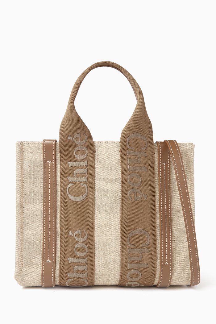 

Small Woody Embroidered Tote Bag in Linen Canvas, Brown