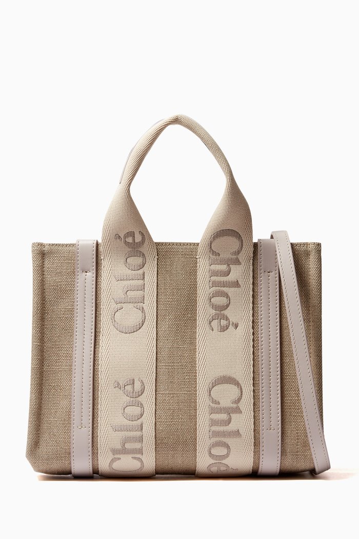 

Small Woody Embroidered Tote Bag in Linen Canvas, Grey