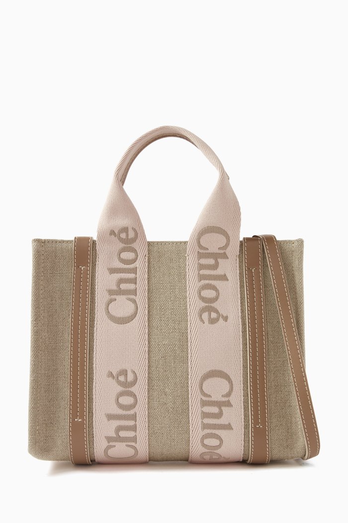 

Small Woody Embroidered Tote Bag in Linen Canvas, Pink