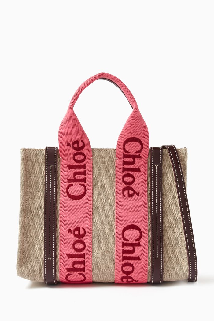 

Small Woody Embroidered Tote Bag in Linen Canvas, Pink