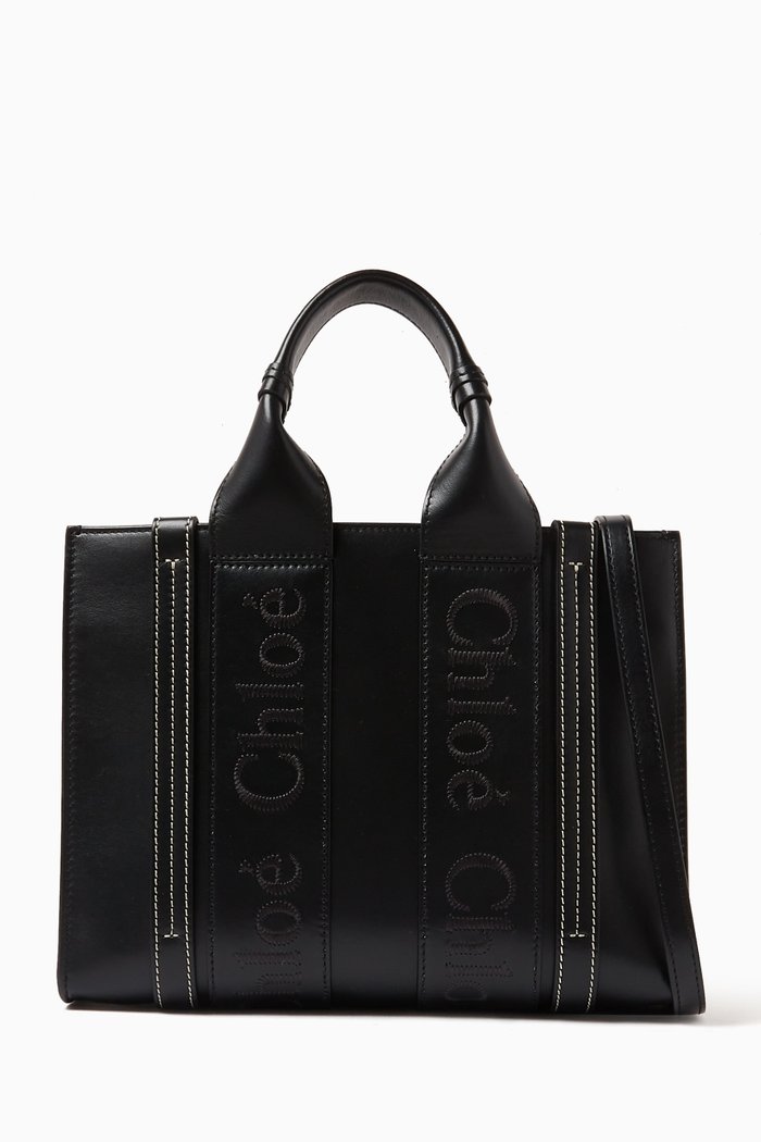 

Small Woody Embroidered Tote Bag in Calfskin Leather, Black