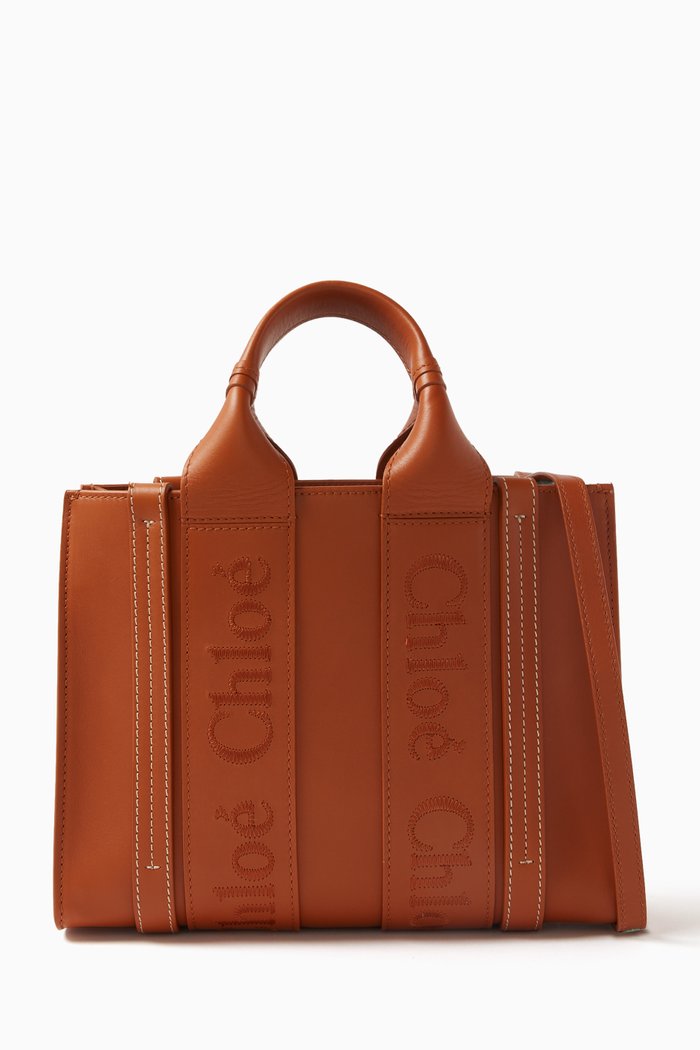 

Small Woody Embroidered Tote Bag in Calfskin Leather, Brown