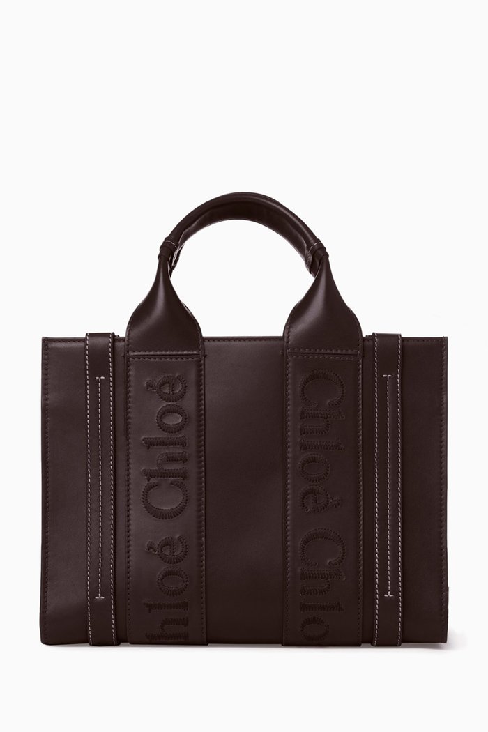 

Small Woody Embroidered Tote Bag in Calfskin Leather, Burgundy