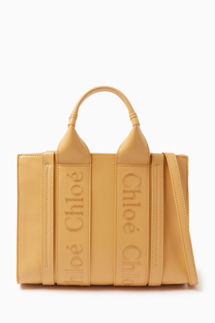 

Small Woody Embroidered Tote Bag in Calfskin Leather, Orange