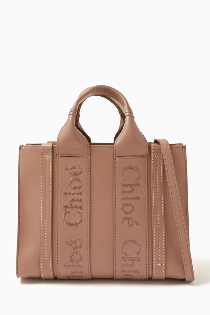 

Small Woody Embroidered Tote Bag in Calfskin Leather, Pink