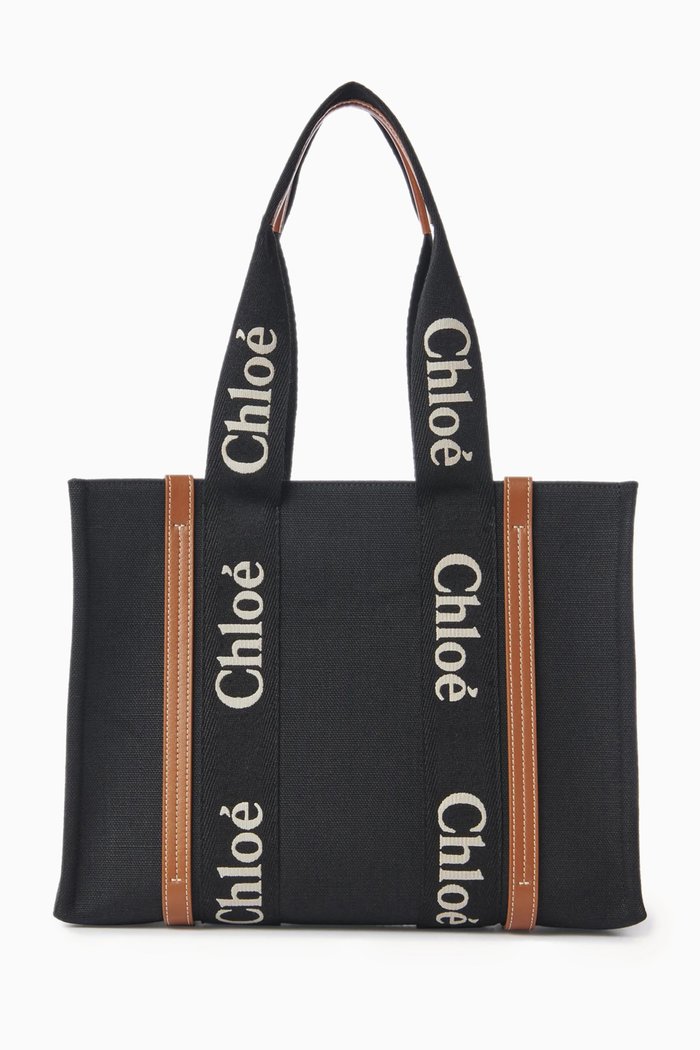 

Medium Woody Tote Bag in Linen Canvas, Black