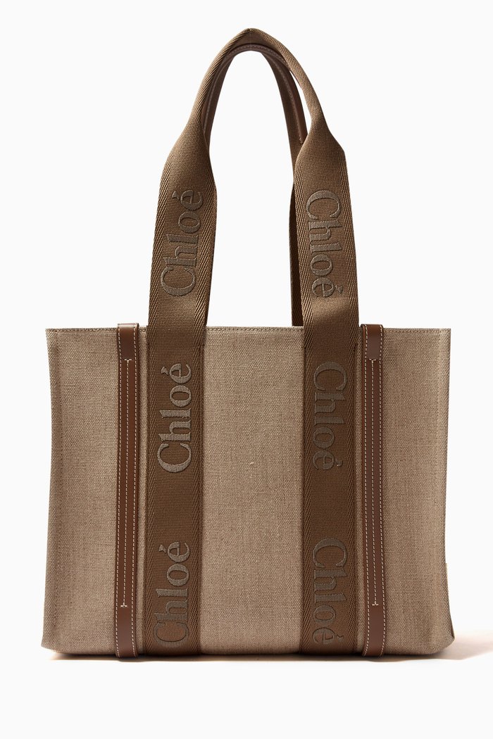 

Medium Woody Tote Bag in Linen Canvas, Brown